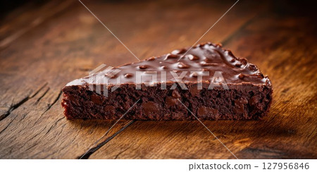 Rich chocolate brownie rests on rustic wooden surface inviting sweetness and indulgence for dessert lovers 127956846