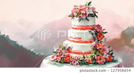 Elegant three-tier cake adorned with fresh flowers and a soft pastel backdrop 127956854