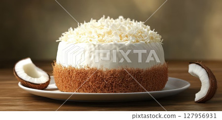 Delicious coconut cake garnished with shredded coconut and served on a wooden table 127956931