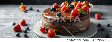 Delicious chocolate cake topped with fresh strawberries and blackberries on a rustic table Delicious chocolate cake topped with fresh strawberries and blackberries on a rustic table 127956952