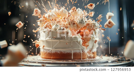 Cake explosion creating a playful and dynamic dessert moment in a kitchen setting Cake explosion creating a playful and dynamic dessert moment in a kitchen setting 127956953