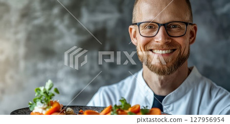 Chef presenting a vibrant dish of fresh ingredients in a modern kitchen during daylight hours 127956954