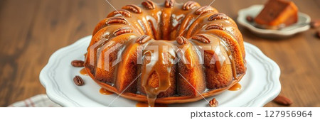 Delicious pecan bundt cake with caramel glaze on a wooden table ready for dessert 127956964