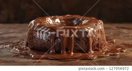 Chocolate dessert melting on a rustic wooden table with a warm, inviting atmosphere during late afternoon 127956972