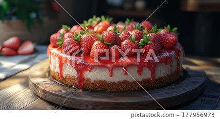 Delicious strawberry cheesecake displayed on wooden platter in cozy kitchen setting 127956973