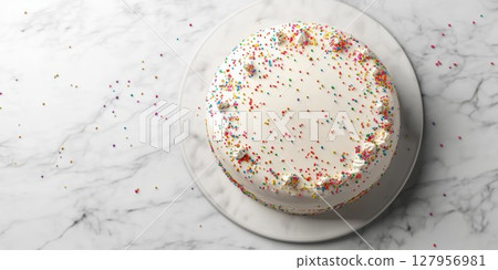 Delicious birthday cake decorated with colorful sprinkles on a marble counter 127956981