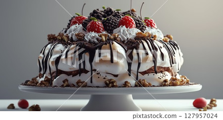 Delicious dessert with whipped cream, chocolate, and fresh berries on a white cake stand 127957024