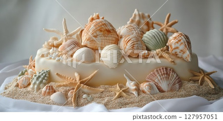 Elaborate beach-themed cake decorated with seashells and starfish in a coastal setting 127957051