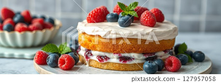 Fresh berry cake with cream frosting served with additional berries on a table setting 127957058