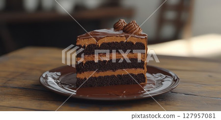 Delicious chocolate cake slice on a plate in a cozy cafe setting 127957081