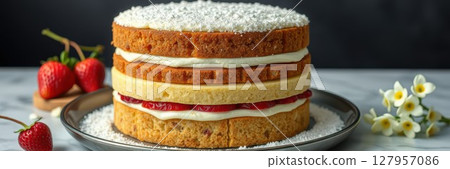 Layered cake with cream and strawberries displayed elegantly on a dark background 127957086