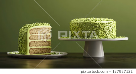 Beautifully decorated green cake with layers displayed on a white pedestal and a plate 127957121