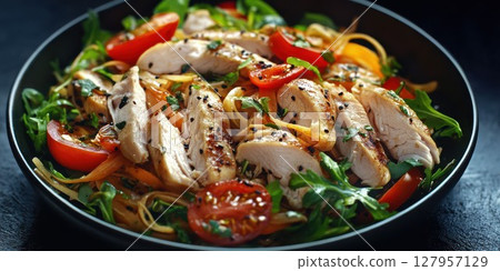 Grilled chicken salad with fresh vegetables served in a black bowl on a wooden table 127957129