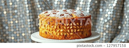 Delicious almond cake displayed on a white pedestal against a sparkling backdrop at a festive gathering 127957158