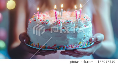Celebrating a birthday with a beautifully frosted cake adorned with candles and colorful sprinkles in a festive setting 127957159