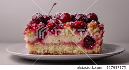 Sliced cherry cake with cream filling on a simple white plate showcasing fresh cherries on top 127957175
