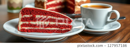 Enjoying a slice of red velvet cake with a cup of hot coffee on a wooden table in a cozy cafe 127957186