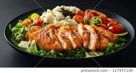 Deliciously plated crispy chicken with fresh vegetables and creamy rice Deliciously plated crispy chicken with fresh vegetables and creamy rice 127957190