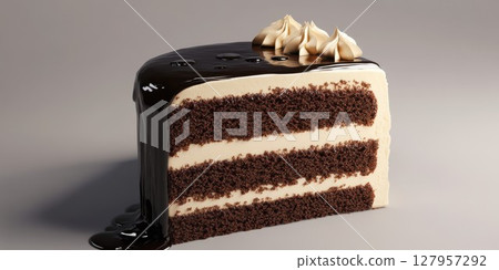 Delicious chocolate cake slice with creamy frosting and chocolate drizzle on a smooth surface 127957292