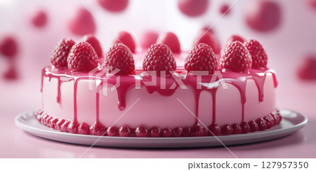 Delicious raspberry cake with vibrant pink frosting decorated with fresh raspberries on a plate 127957350