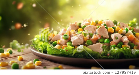 Healthy chicken salad with mixed vegetables served on a wooden table in natural light Healthy chicken salad with mixed vegetables served on a wooden table in natural light 127957419