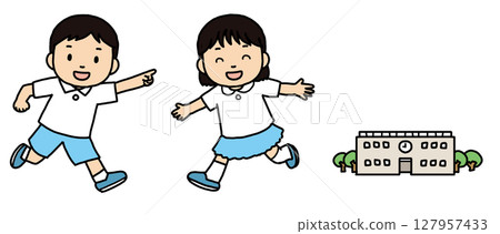 男孩和女孩在校園裡奔跑 127957433
