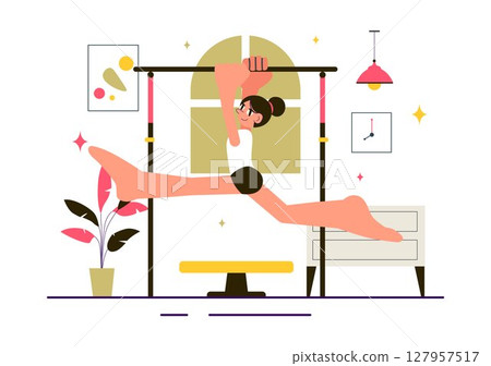 Rhythmic Gymnastics Illustration Featuring Professional Athletes Performing Artistic Acrobatic Moves, Showcasing Strength and Flexibility at Home Rhythmic Gymnastics Illustration Featuring Professional Athletes Performing Artistic Acrobatic Moves, Showcasing Strength and Flexibility at Home 127957517