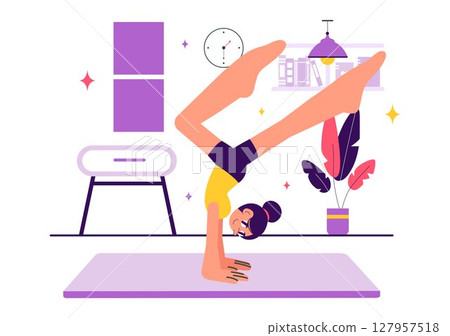 Rhythmic Gymnastics Illustration Featuring Professional Athletes Performing Artistic Acrobatic Moves, Showcasing Strength and Flexibility at Home 127957518