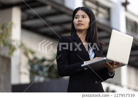 Future remote work combines technology smart phone digital business woman enable e-learning productivity while travel blend comfort modern devices serenity computer equipment connection online world 127957539