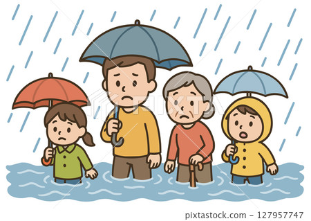 一家人穿著雨衣前往避難所 127957747