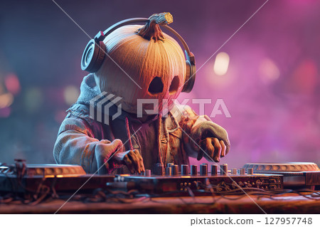DJ pumpkin with headphones. AI-generated item DJ pumpkin with headphones. AI-generated item 127957748
