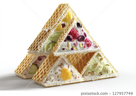 Waffle ice cream pyramid with fruit and nuts. AI-generated item Waffle ice cream pyramid with fruit and nuts. AI-generated item 127957749