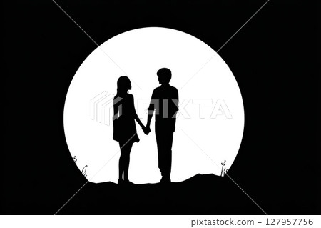 Couple silhouette on full moon. AI-generated item 127957756