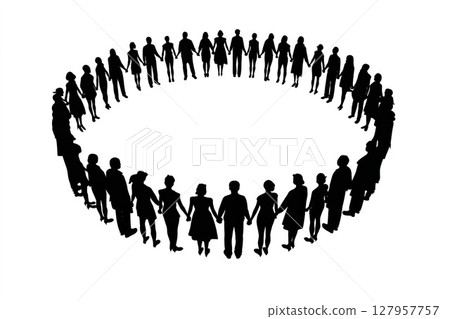 Silhouette of people holding hands in a circle. AI-generated item 127957757