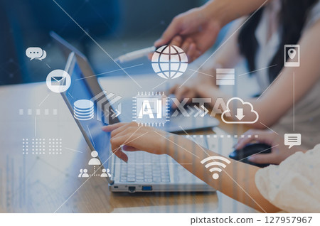 商業場景、利用生成式人工智慧的數位化工作流程、雲端、數位轉型、數位網路影像 127957967