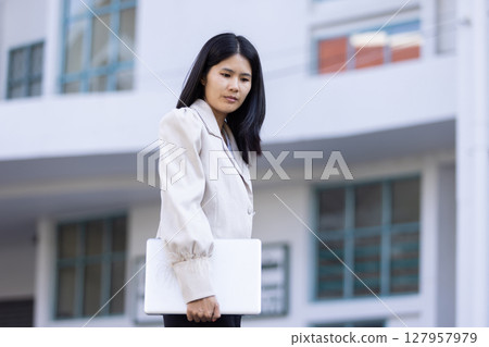 Future remote work combines technology smart phone connection online white digital business woman enable e-learning productivity while travel blend comfort modern devices serenity computer equipment 127957979