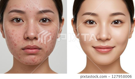 有大量痤瘡的女性和沒有痤瘡的女性的對比圖 127958006