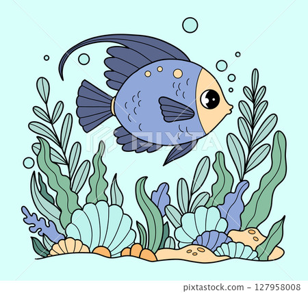 Cute Tropical blue Fish swim among seaweed on seabed. Underwater seascape landscape. Color Hand Drawing. Vector illustration. Kids collection. Not AI 127958008