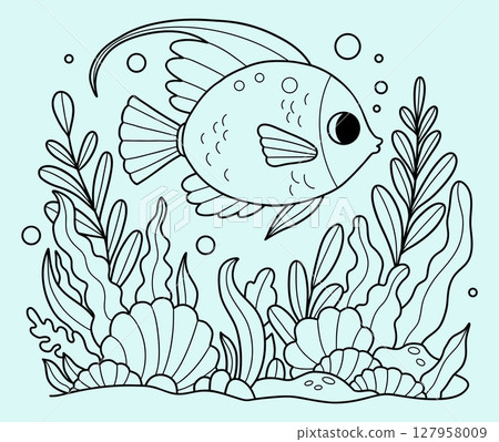 Beautiful tropical fish with algae and corals on seabed and Coral Reef. Coloring Page. Outline Line drawing. Vector illustration. Kids collection. Not AI 127958009