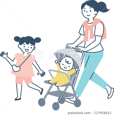 推著嬰兒車的母親和女孩 127958012