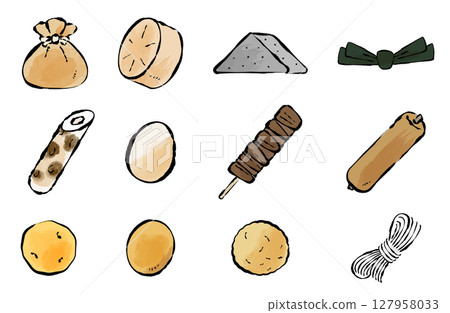Vector illustration of oden ingredients Hand-drawn brush Winter Hot pot 127958033