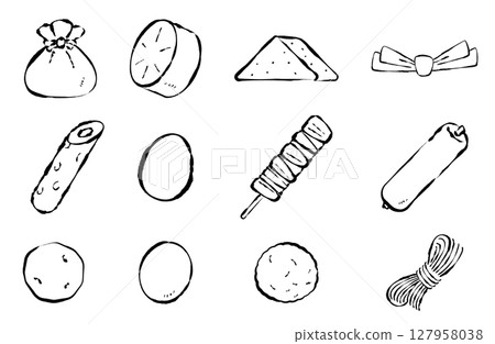 Oden ingredients, menu vector illustration hand-drawn brush winter hot pot Oden ingredients, menu vector illustration hand-drawn brush winter hot pot 127958038