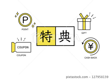 Illustrations depicting various benefits such as points and coupons 127958139