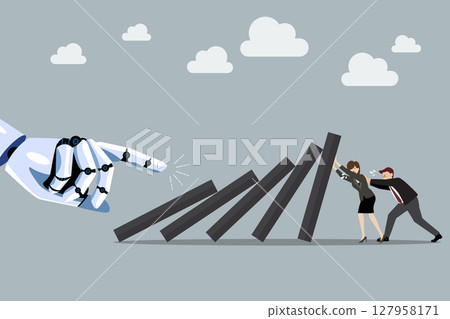 Business man and business woman pushing hard against falling deck of domino tiles by robot hand. Business man and business woman pushing hard against falling deck of domino tiles by robot hand. 127958171