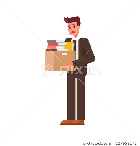 Fired office man character worker holds box. Fired office man character worker holds box. 127958172