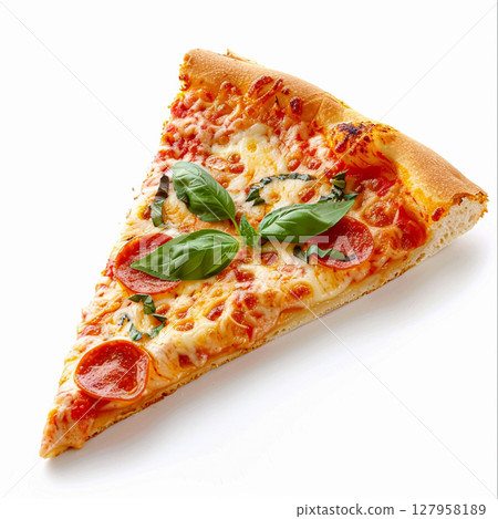 Delicious slice of pizza, featuring melted cheese and rich tomato sauce on a golden crust, isolated on a white background 127958189