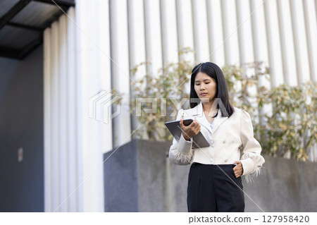 Future remote work combines technology smart phone connection online white digital business woman enable e-learning productivity while travel blend comfort modern devices serenity computer equipment 127958420