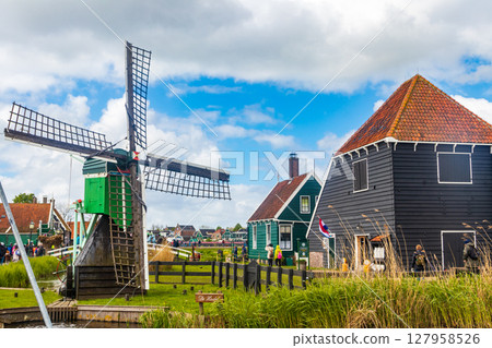 Scenic view of famous Zaanse Schans village, Netherlands Scenic view of famous Zaanse Schans village, Netherlands 127958526