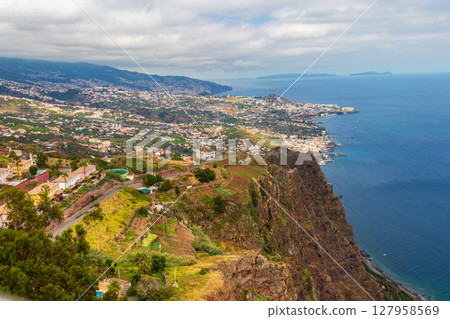Aerial view from Cabo Girao viewpoint, Madeira, Portugal. At 580 metres high, Cabo Girao is the highest promontory in Europe 127958569