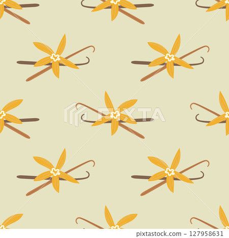 Elegant seamless pattern with vanilla pods and tropical vanilla flowers. Ideal for eco-friendly product packaging, botanical branding, and natural-themed designs. Elegant seamless pattern with vanilla pods and tropical vanilla flowers. Ideal for eco-friendly product packaging, botanical branding, and natural-themed designs. 127958631